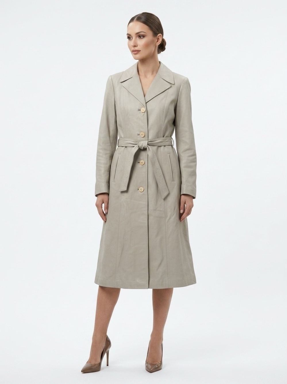 Leda Spain by Gropper Long Leather Trench Coat Belted Beige Size 12